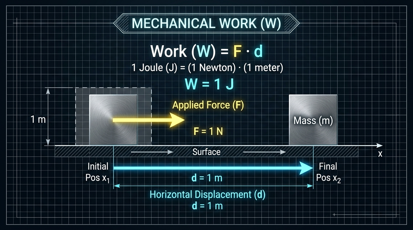 Linear Mechanical Work: Force of 1 Newton displacing an object 1 meter yields 1 Joule