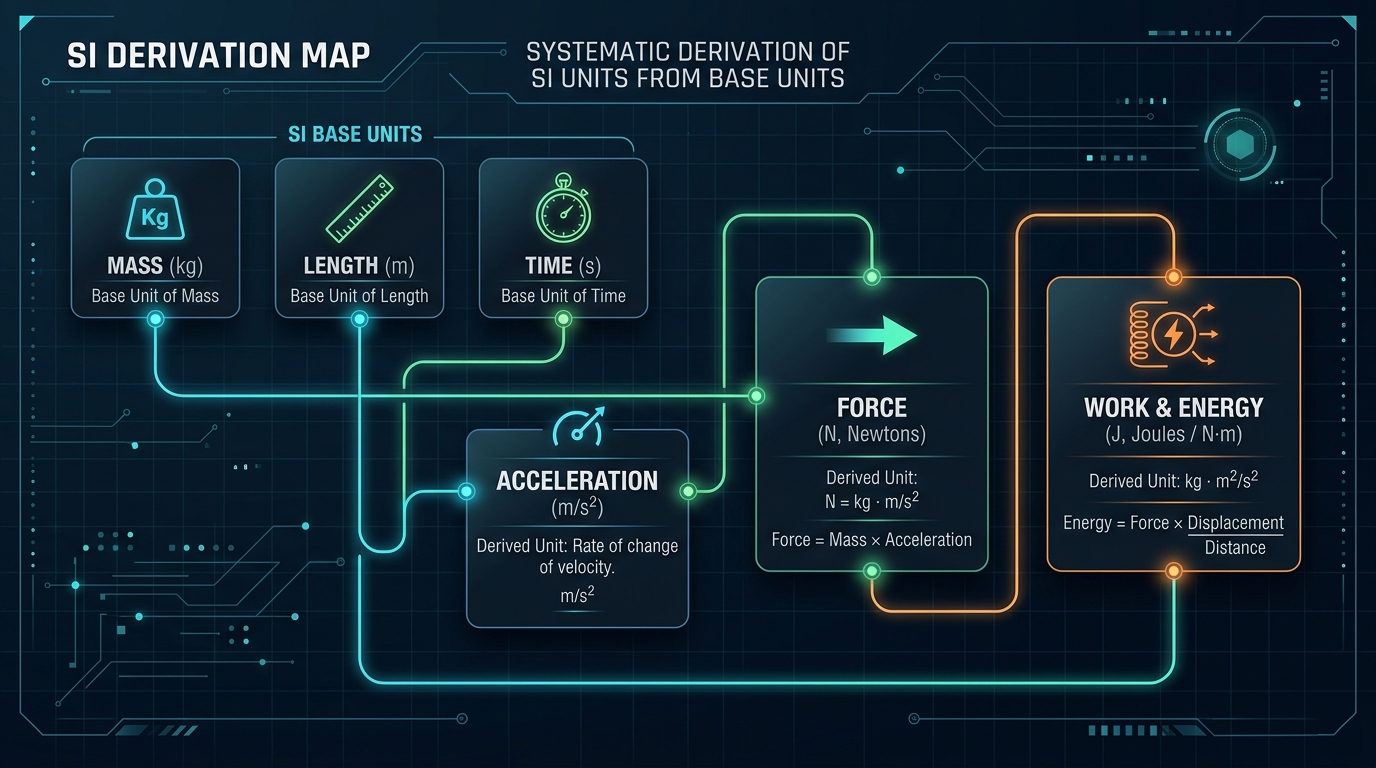 SI Base Units Derivation Map showing Mass, Length, and Time flowing into Acceleration, Force, and Energy
